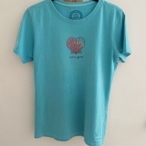 Life Is Good Aqua T-Shirt with Shell and Motivational Text